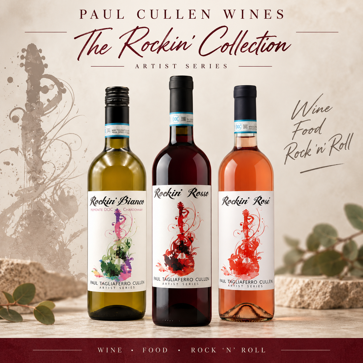 Paul Cullen Wines Rockin' Collection Artist Series branded three-bottle feature