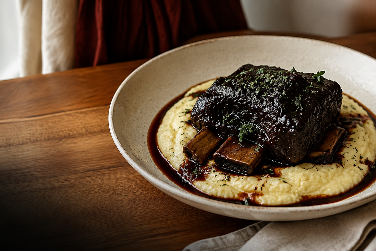 Black garlic balsamic short ribs with polenta
