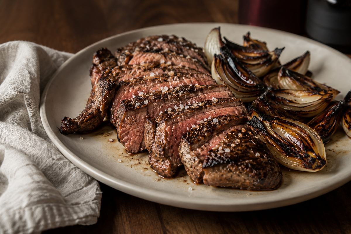 Grilled ribeye with garlic salt and charred onions
