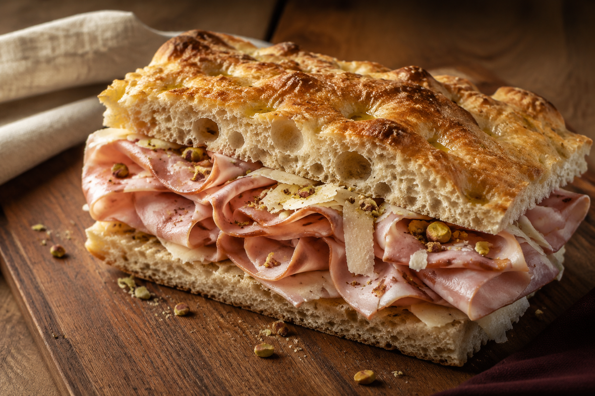 Mortadella Parmigiano and pistachio focaccia