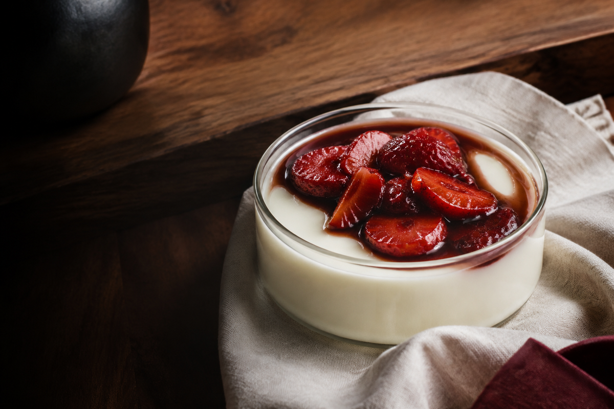 Vanilla panna cotta with bourbon balsamic strawberries