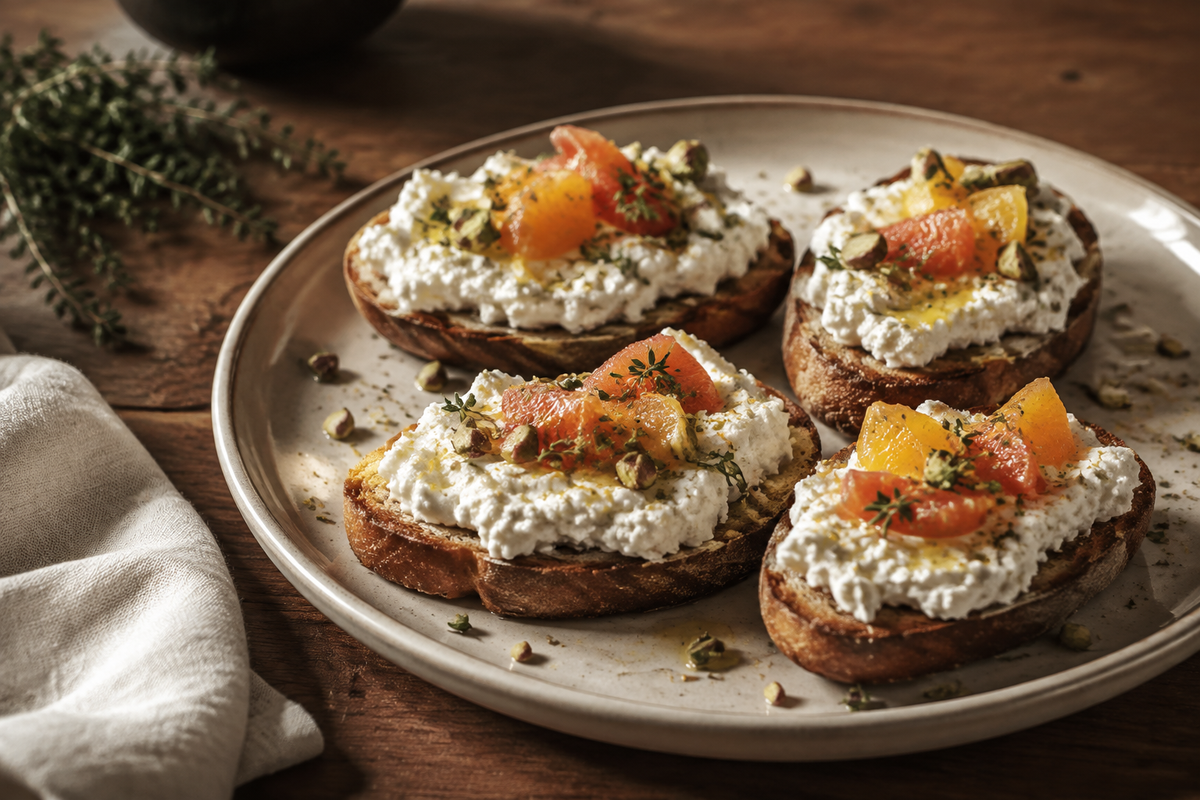 Whipped ricotta citrus and pistachio crostini