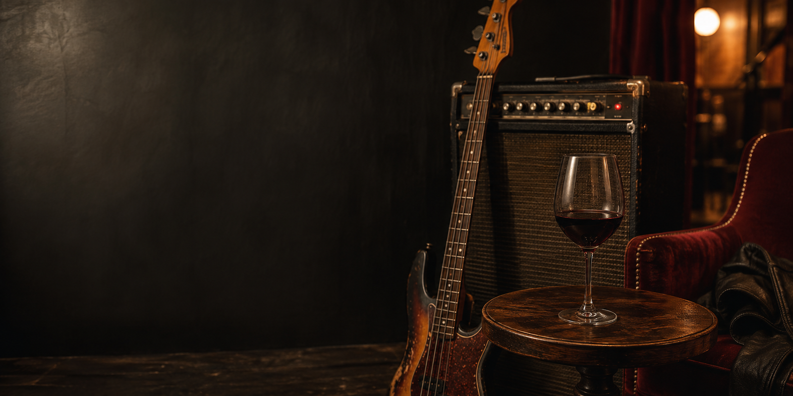 Vintage bass guitar, amplifier and red wine in a moody backstage lounge