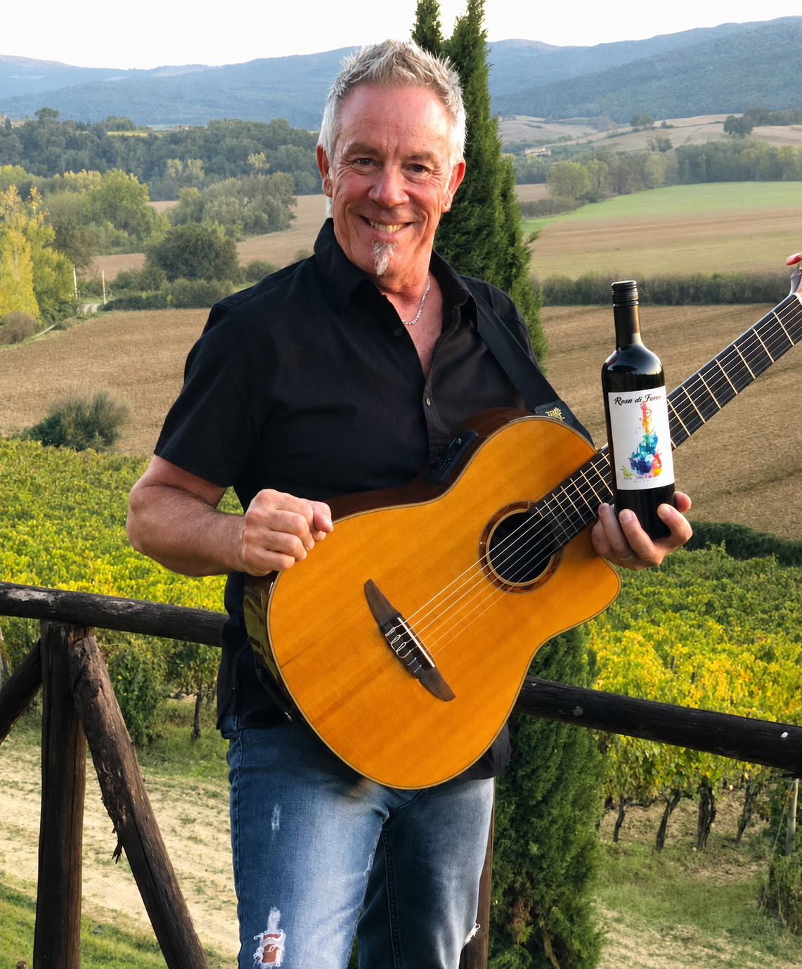 Paul Cullen holding a wine bottle and guitar overlooking the Italian countryside
